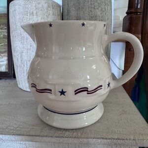 Longaberger White Ceramic Pitcher with Blue Stars and Red Stripes